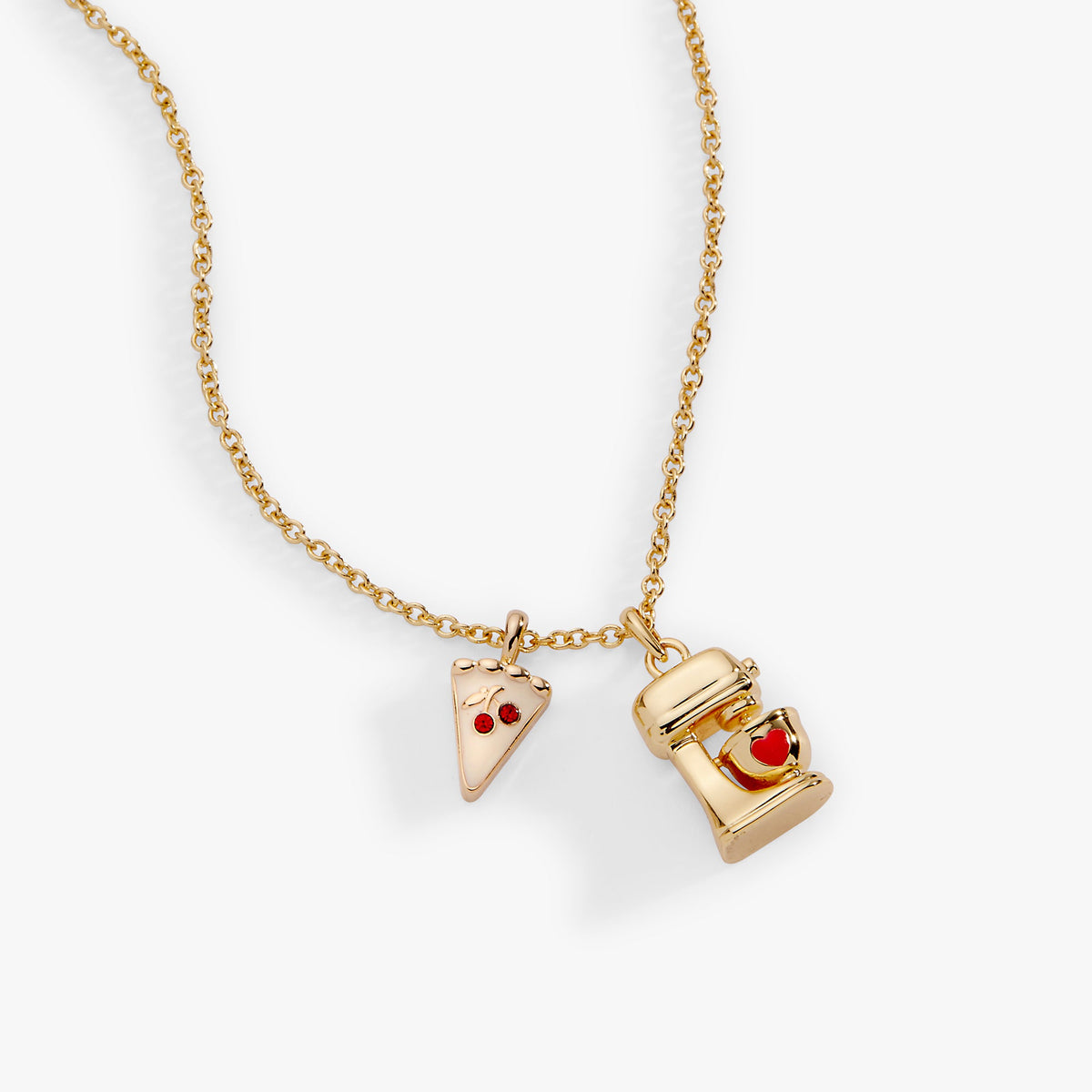 a gold necklace with a pizza and a mixer pendant