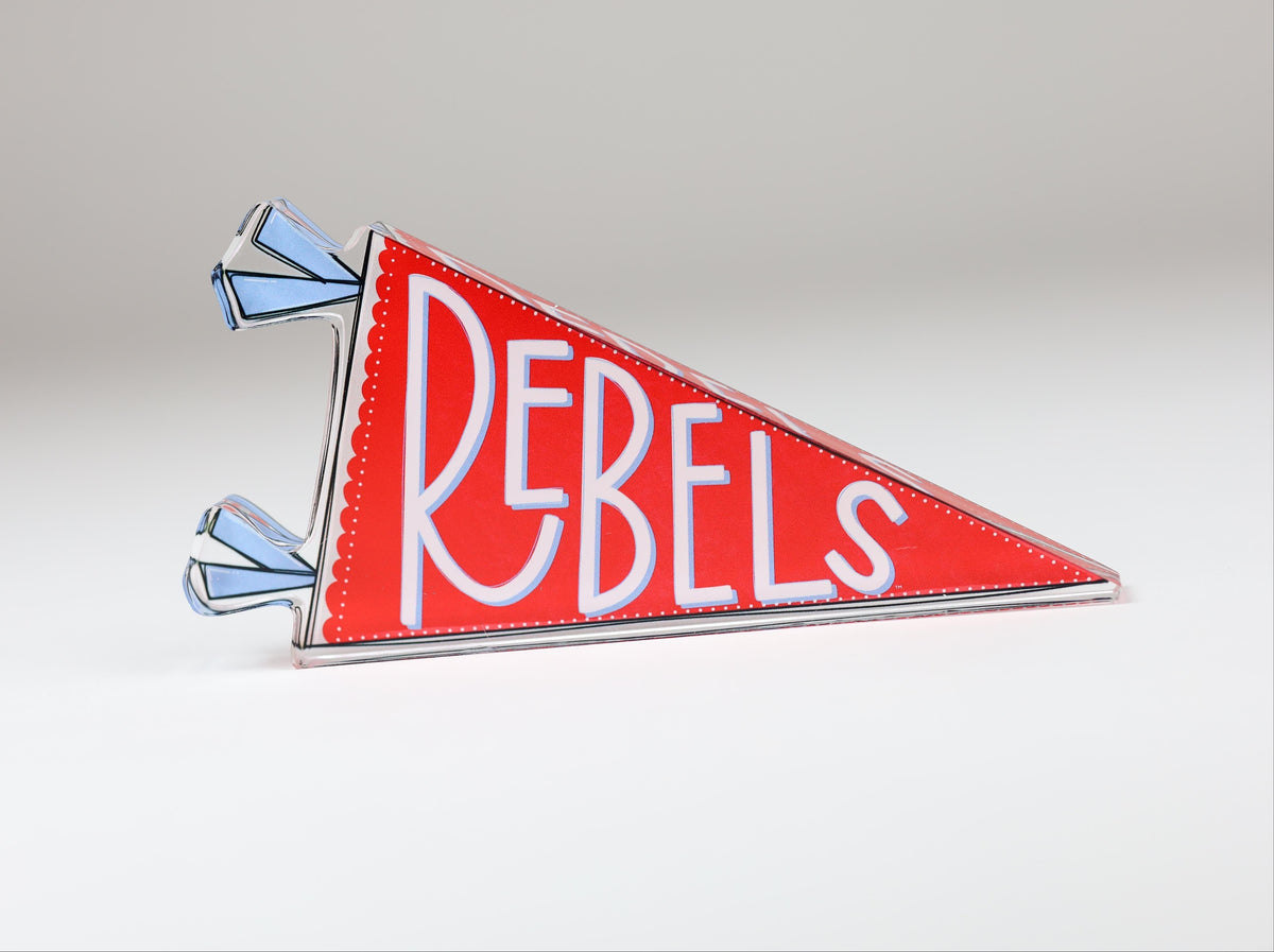 a red triangular sign with white text