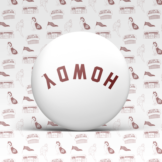 a white ball with red text on it