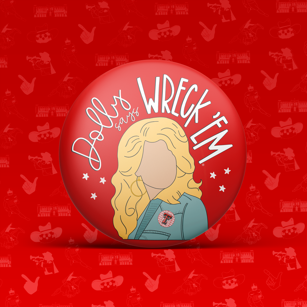 a red button with a drawing of a woman on it