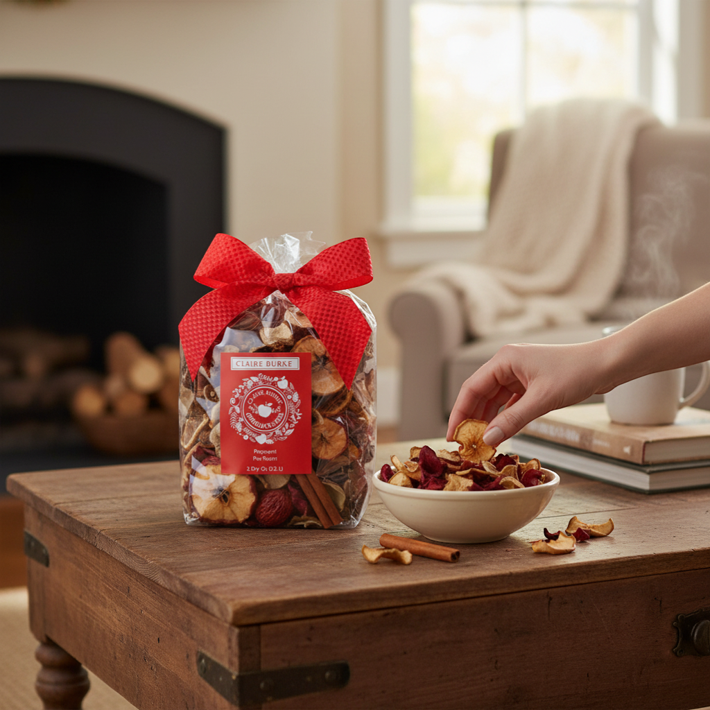The Merry Hare Claire Burke Apple Jack & Peel Potpourri with dried apples, cinnamon sticks, and orange slices, tied with a red bow.