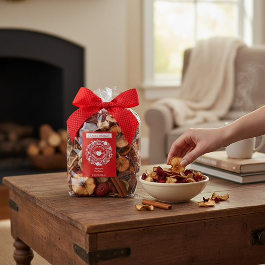 The Merry Hare Claire Burke Apple Jack & Peel Potpourri with dried apples, cinnamon sticks, and orange slices, tied with a red bow.