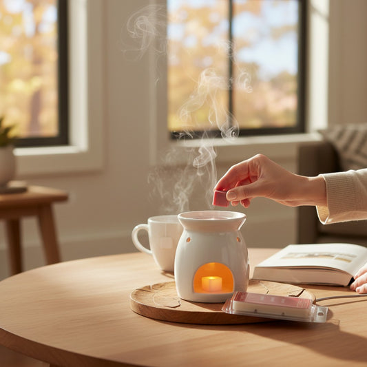 The Merry Hare Aromatique Autumn Cherry wax melts, white paraffin wax cubes with spiced cherry, apple, cinnamon, vanilla, musk, and amber scent.