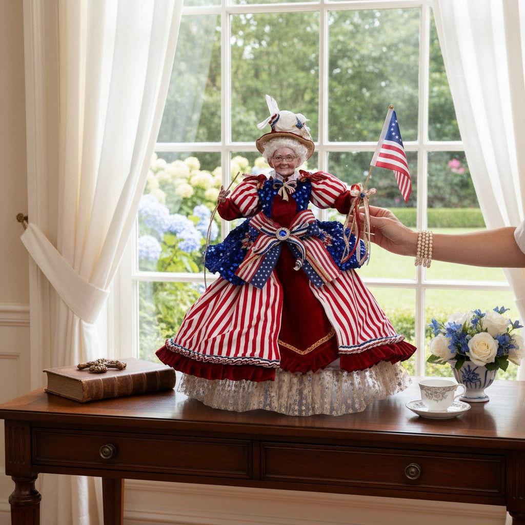 The Merry Hare Betsy Ross 23.5" collectible figurine in patriotic red, white, and blue attire, holding an American flag.