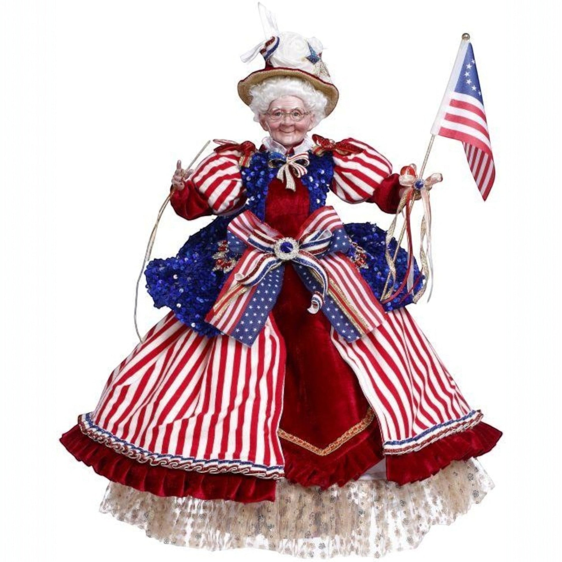 The Merry Hare Betsy Ross 23.5" collectible figurine in red, white, and blue patriotic attire holding an American flag.