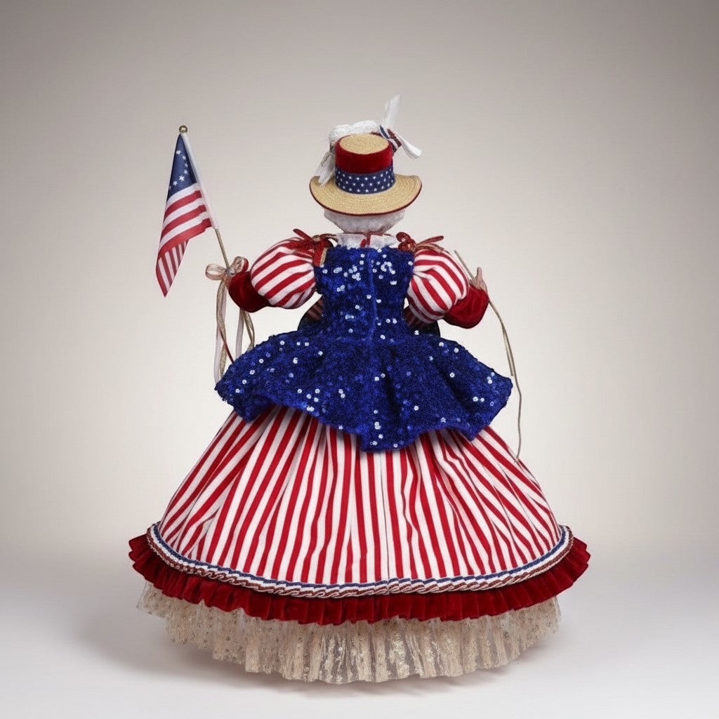The Merry Hare Betsy Ross figurine in a red, white, and blue striped dress holding an American flag.