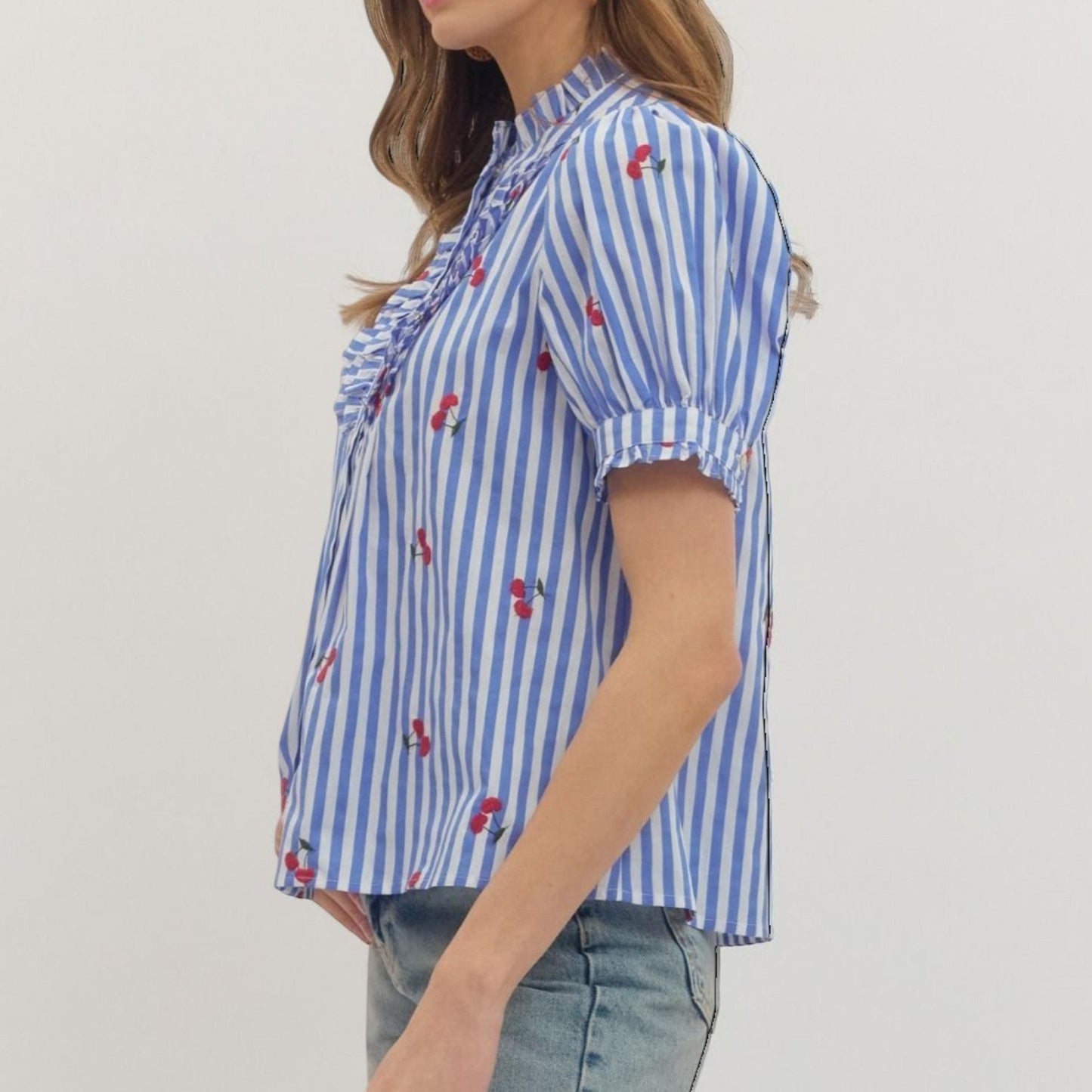 The Merry Hare blue and white striped cotton top with embroidered cherries and puff sleeves.
