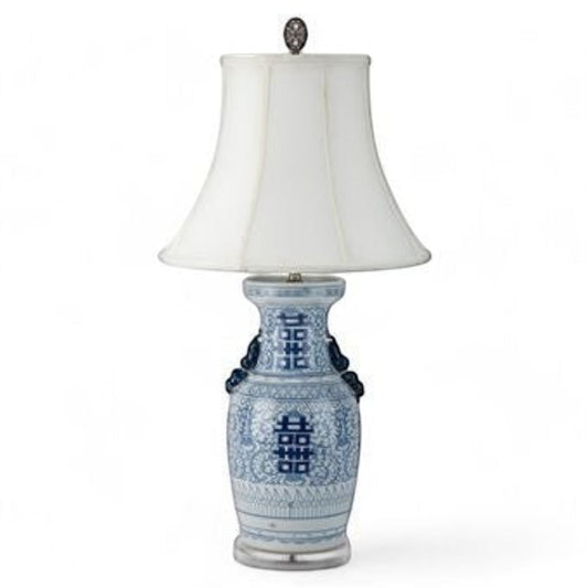 The Merry Hare 34" Double Happiness Chinoiserie lamp with blue & white porcelain vase base and white acrylic shade.