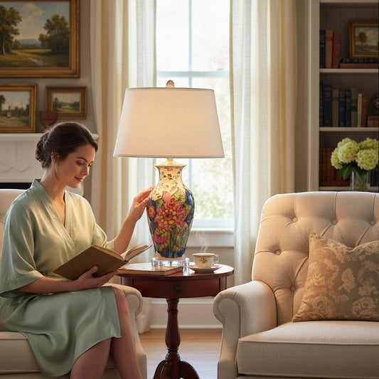 The Merry Hare 29" porcelain vase lamp with tobacco leaf chinoiserie floral patterns, acrylic base, and off-white shade.