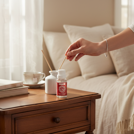 The Merry Hare Claire Burke Christmas Memories Home Fragrance Oil, 0.5 oz bottle with red label.