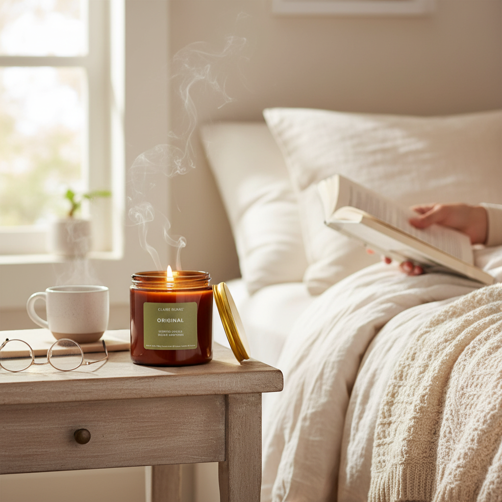 The Merry Hare Claire Burke Original scented candle in amber glass with coconut and soy wax blend, 65-hour burn time.