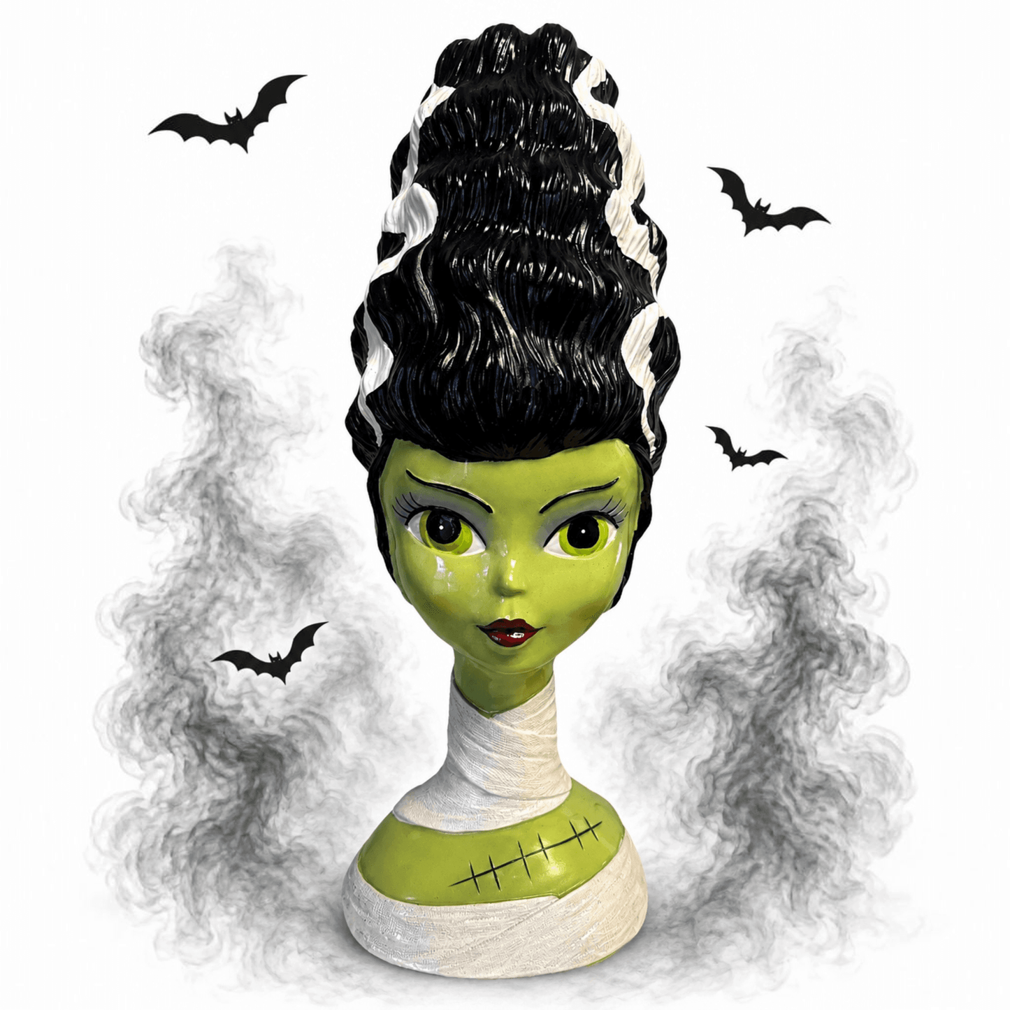 The Merry Hare Bella Lux Frankenstein Bride bust with green skin, iconic black hair, and mummy-style neck wrap.