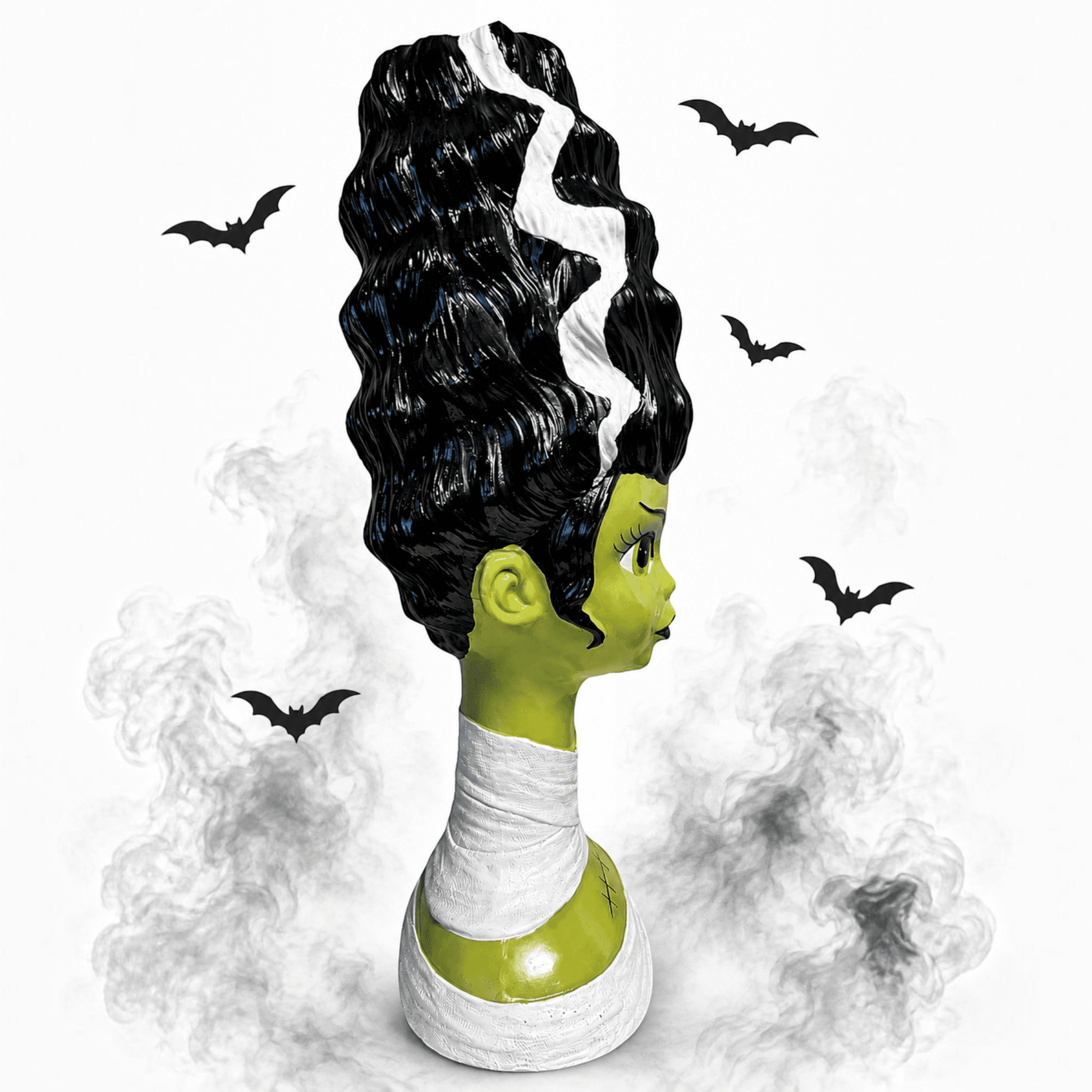 The Merry Hare Bella Lux Frankenstein's Bride bust with green skin, iconic black and white hair, and white bandages.