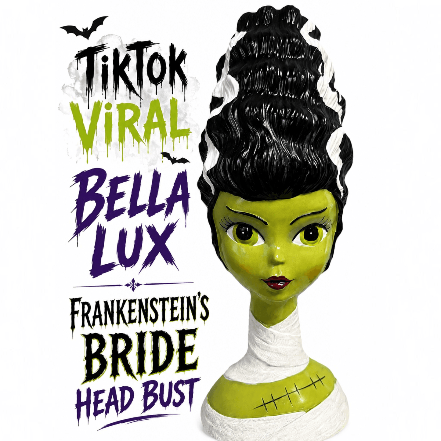 The Merry Hare Bella Lux Frankenstein's Bride bust with green skin, iconic black and white hair, and bandage details.
