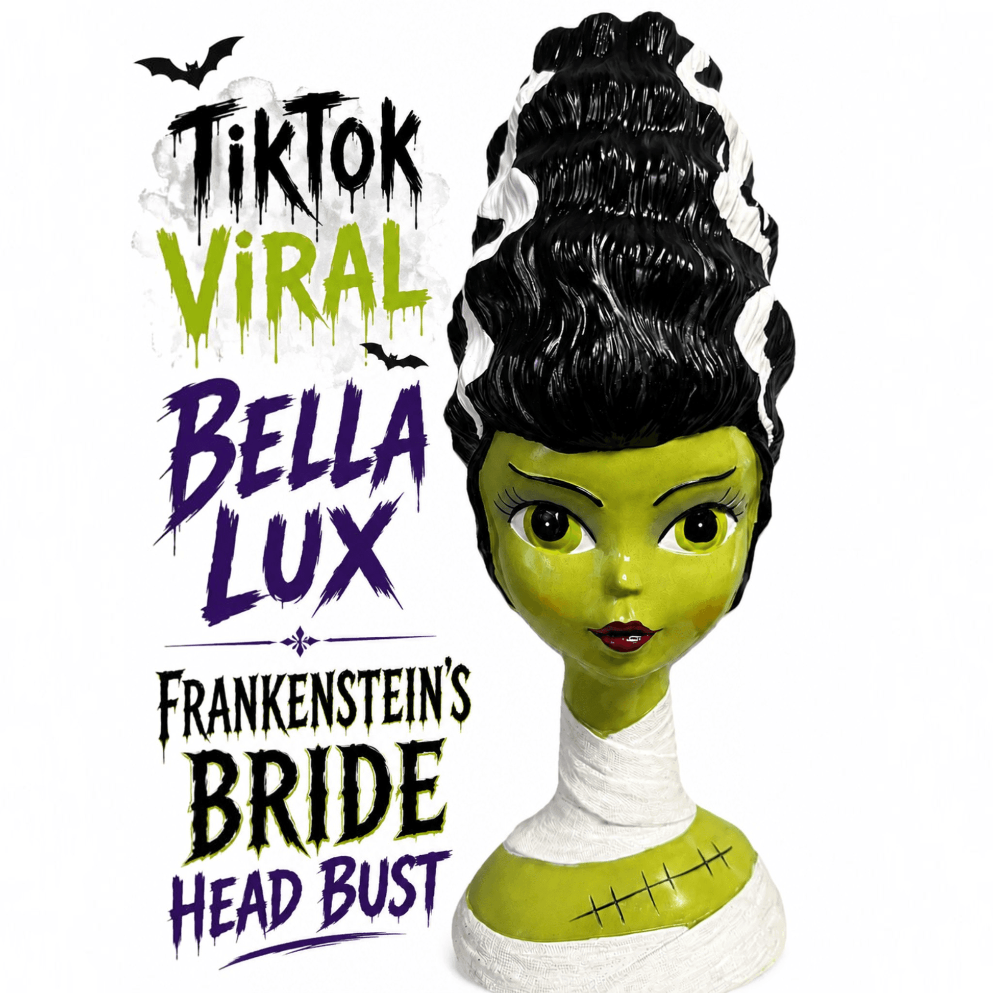The Merry Hare Bella Lux Frankenstein's Bride bust with green skin, iconic black and white hair, and bandage details.