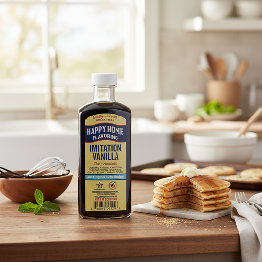 The Merry Hare Happy Home Imitation Vanilla Flavoring, non-alcoholic, 7 oz bottle. Gluten-free.