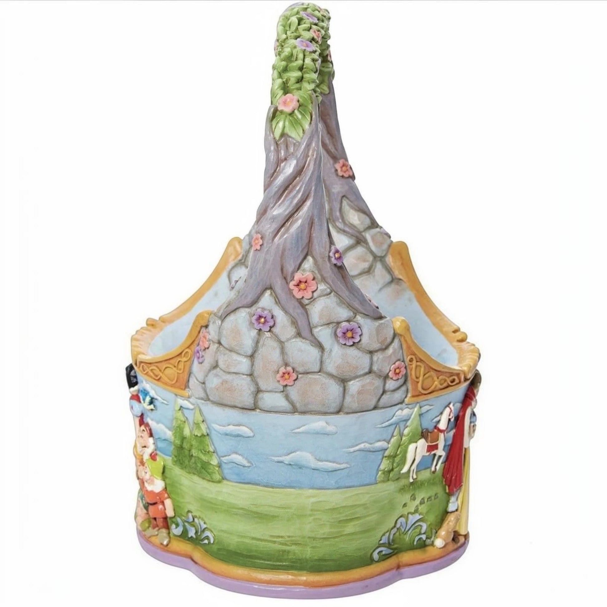 The Merry Hare RETIRED Jim Shore Disney Snow White basket with 3 eggs, featuring the seven dwarfs and a horse.