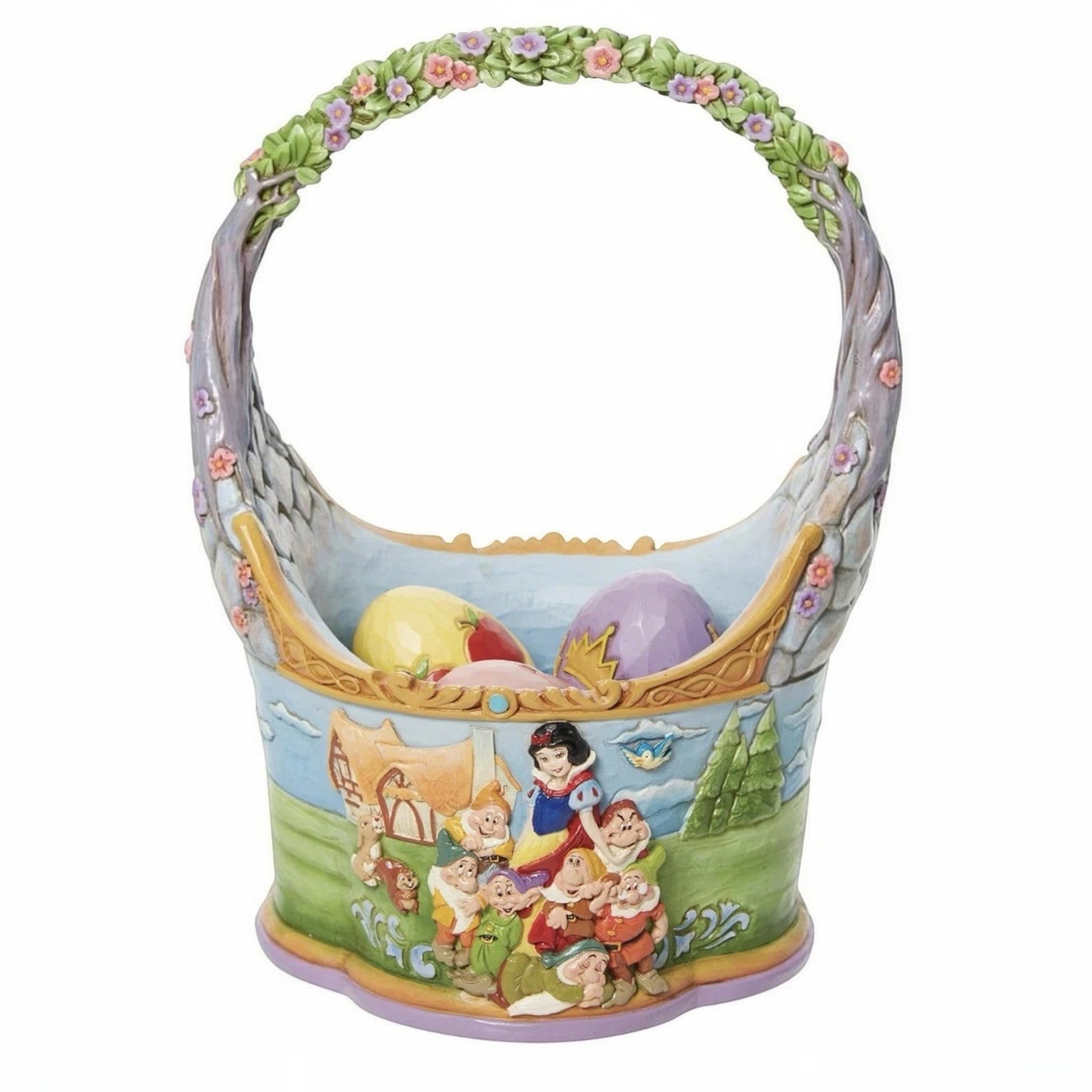 The Merry Hare Jim Shore Disney Snow White basket with 3 eggs, featuring Snow White and the Seven Dwarfs in a whimsical scene. Hand-painted resin.