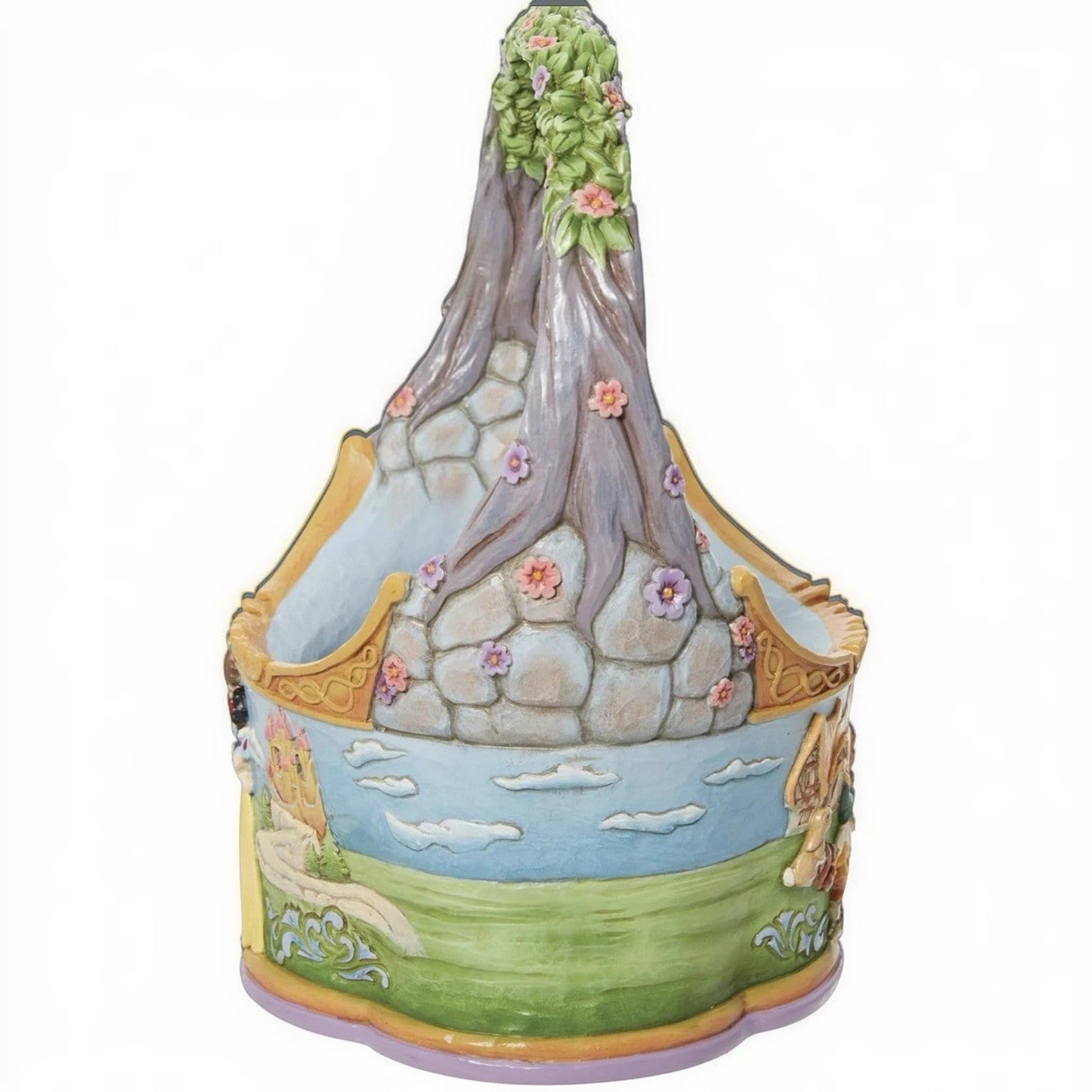 The Merry Hare Jim Shore Disney Snow White basket with 3 eggs, featuring a tree trunk design with flowers and a scenic background.