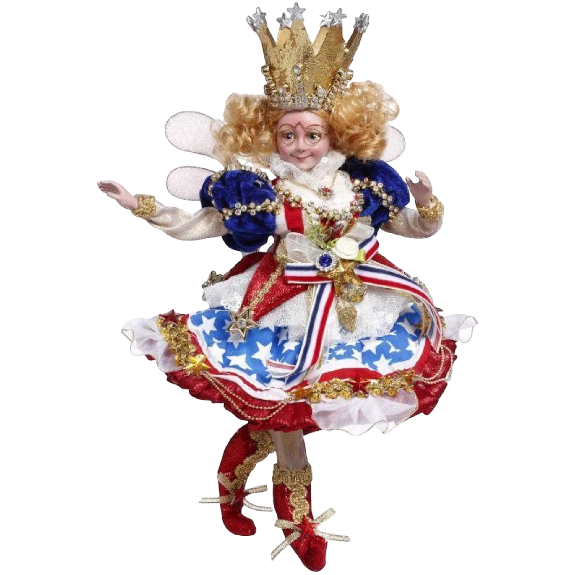 The Merry Hare Lady Liberty Fairy figurine by Mark Roberts, 11.5 inches, with patriotic red, white, and blue star-spangled dress and crown.
