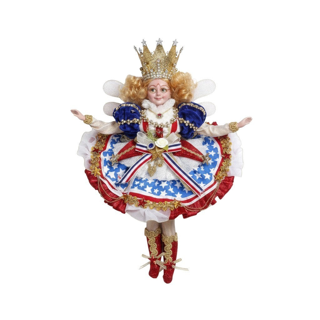 The Merry Hare Lady Liberty Fairy figurine by Mark Roberts, 11.5 inches, with patriotic red, white, and blue star-spangled dress and gold crown.