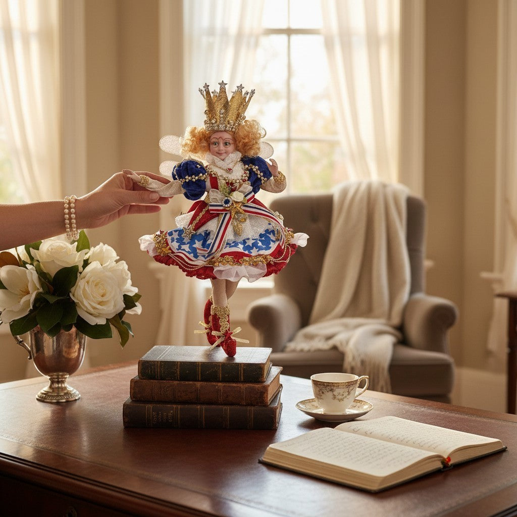 The Merry Hare Lady Liberty Fairy figurine by Mark Roberts, 11.5 inches, with patriotic red, white, and blue star-spangled dress and crown.