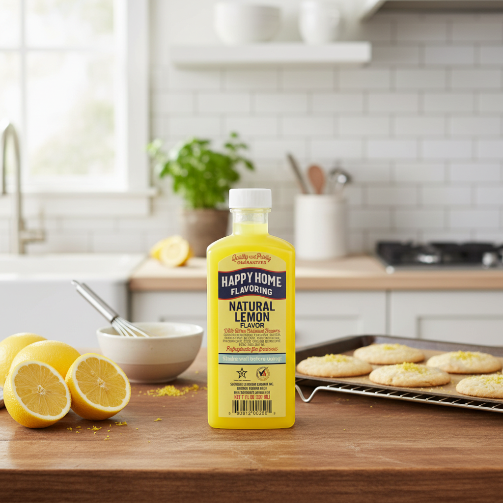 The Merry Hare Happy Home Natural Lemon Flavoring 7 oz bottle. Alcohol-free, gluten-free, with pure lemon oil for baking.