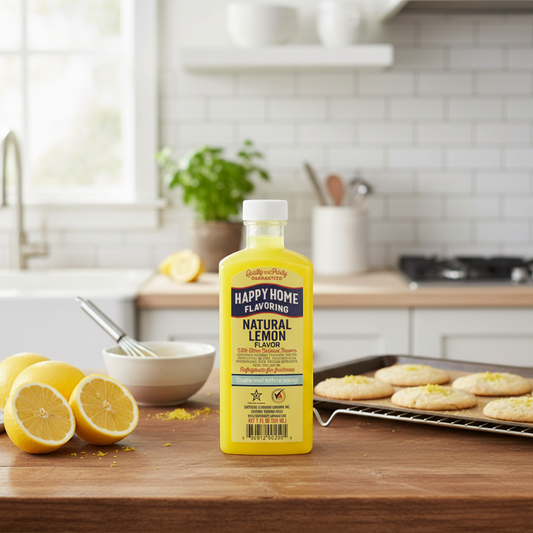 The Merry Hare Happy Home Natural Lemon Flavoring 7 oz bottle. Alcohol-free, gluten-free, with pure lemon oil for baking.