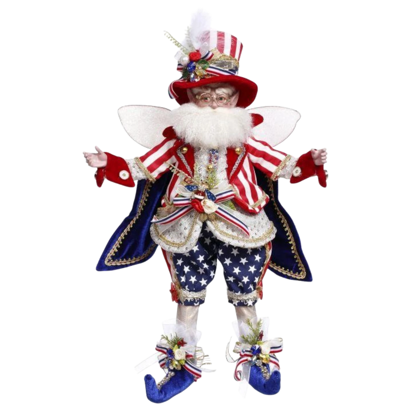 The Merry Hare Let the Freedom Ring Fairy, 18-inch patriotic fairy with red, white, and blue striped jacket, star-spangled pants, and top hat.
