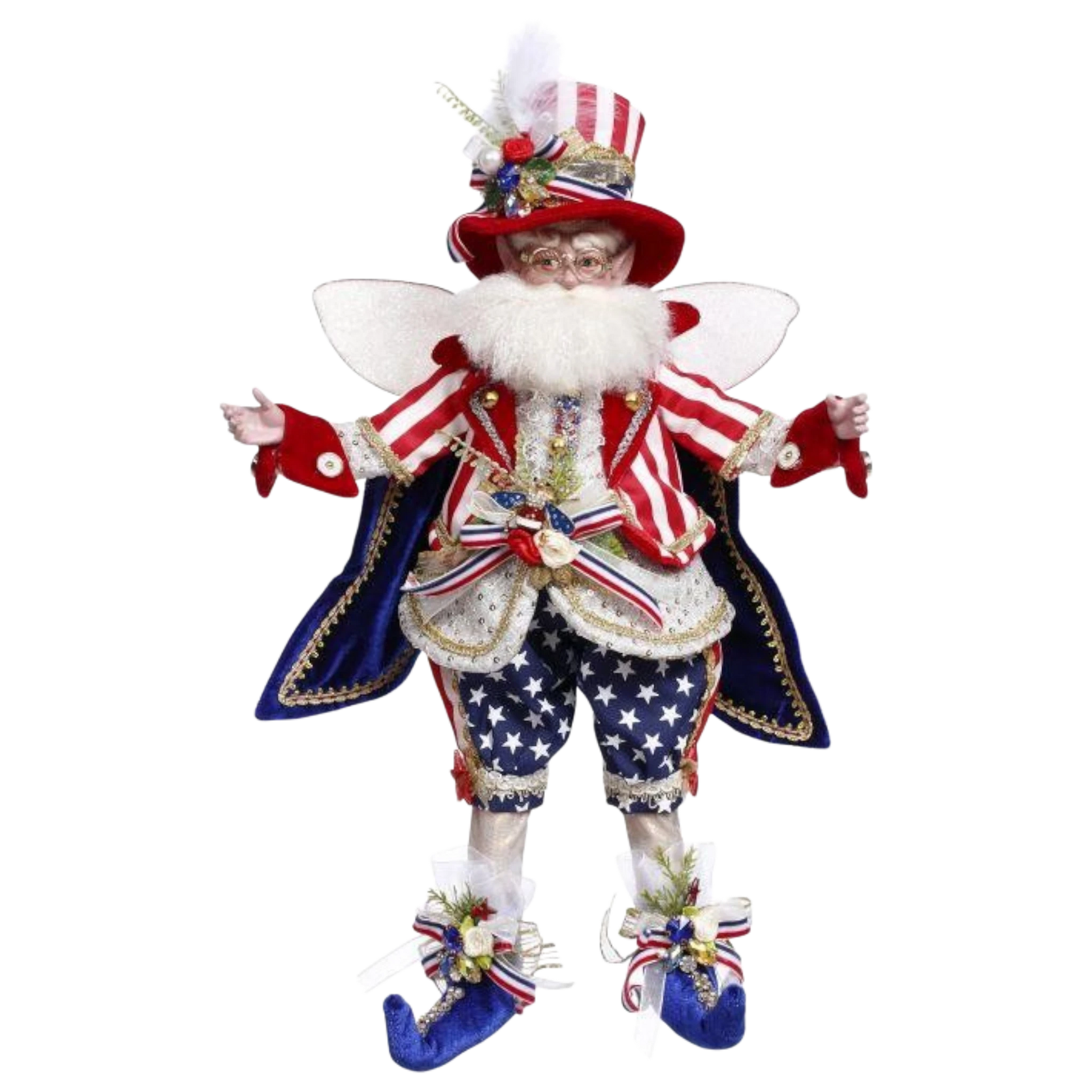 The Merry Hare Let the Freedom Ring Fairy, 18-inch patriotic fairy with red, white, and blue striped jacket, star-spangled pants, and top hat.