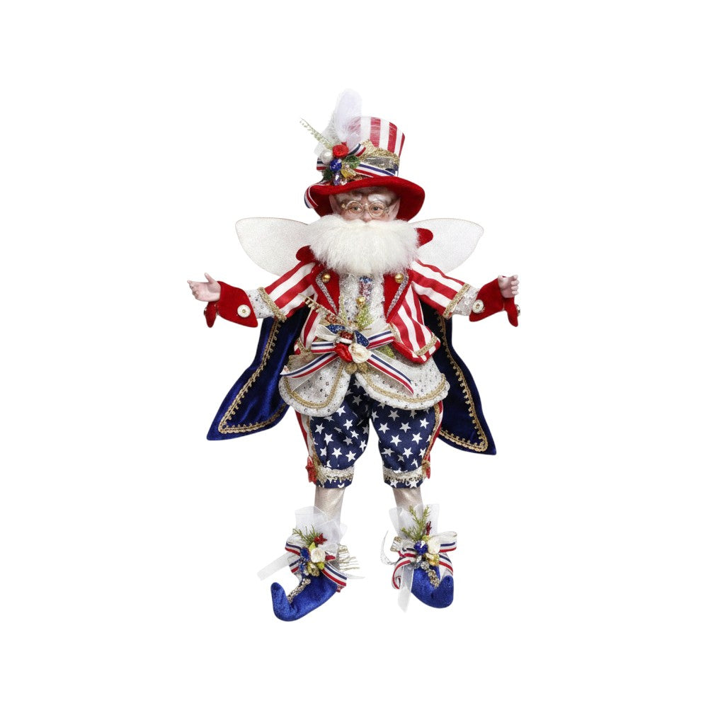 The Merry Hare Let the Freedom Ring Fairy, 18-inch patriotic fairy with red, white, and blue striped jacket and star-spangled pants.