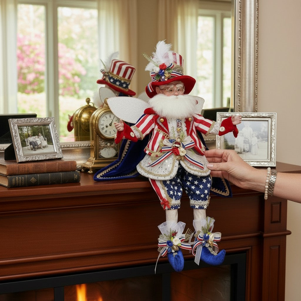 The Merry Hare Let the Freedom Ring Fairy, 18-inch patriotic fairy with red, white, and blue striped jacket and star-spangled pants.