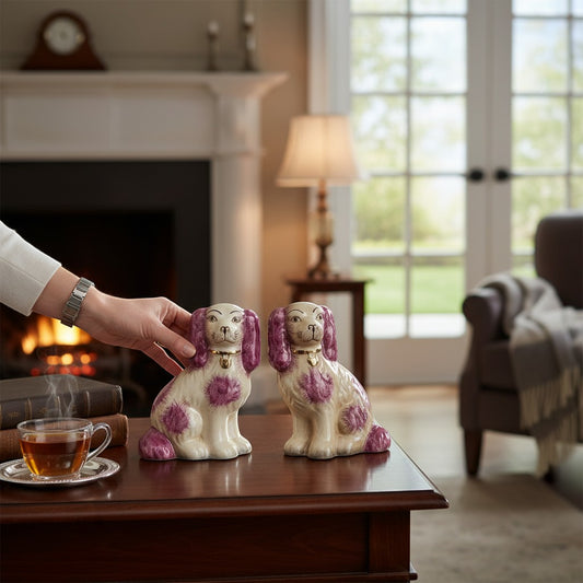 The Merry Hare pair of small Staffordshire dogs figurines in pink with gold detail, Chinoiserie style.