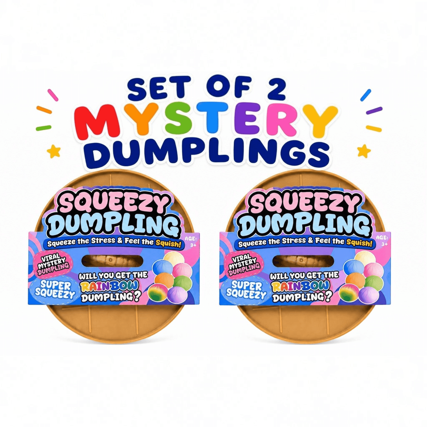 The Merry Hare set of two Squeezy Dumpling mystery squishy fidget toys in sealed retail packaging for stress relief.