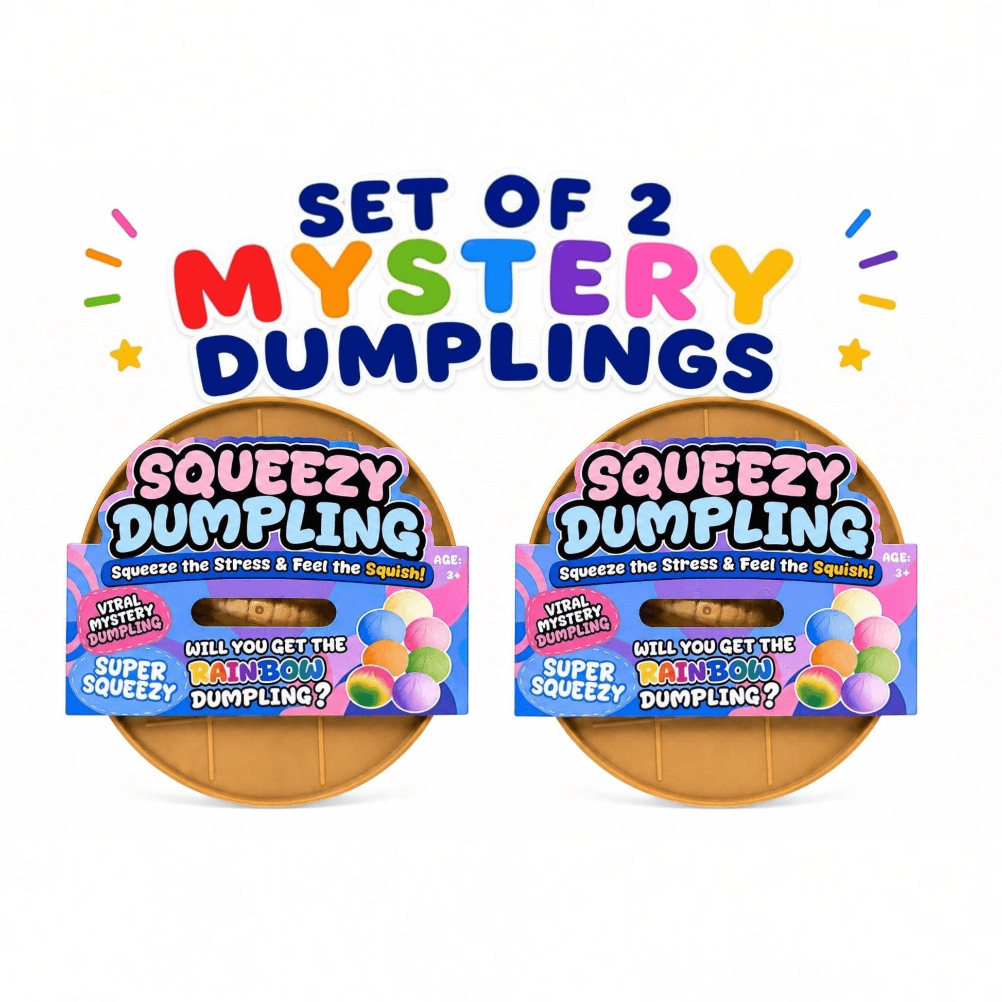 The Merry Hare set of two Squeezy Dumpling mystery squishy fidget toys in sealed retail packaging for stress relief.