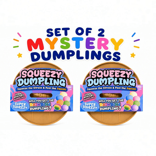 The Merry Hare set of two Squeezy Dumpling mystery squishy fidget toys in sealed retail packaging for stress relief.