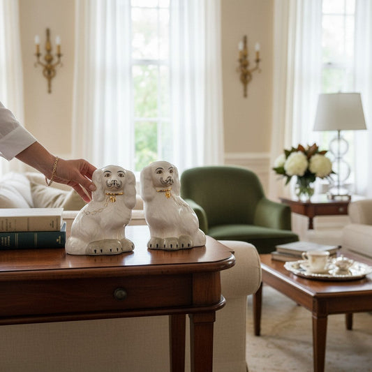 The Merry Hare pair of antique white Staffordshire dog figurines with gold locket detailing and hand-painted faces.