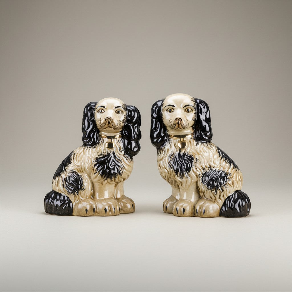 The Merry Hare pair of black and cream Staffordshire dog figurines with gold lockets. Ceramic, 12" high.