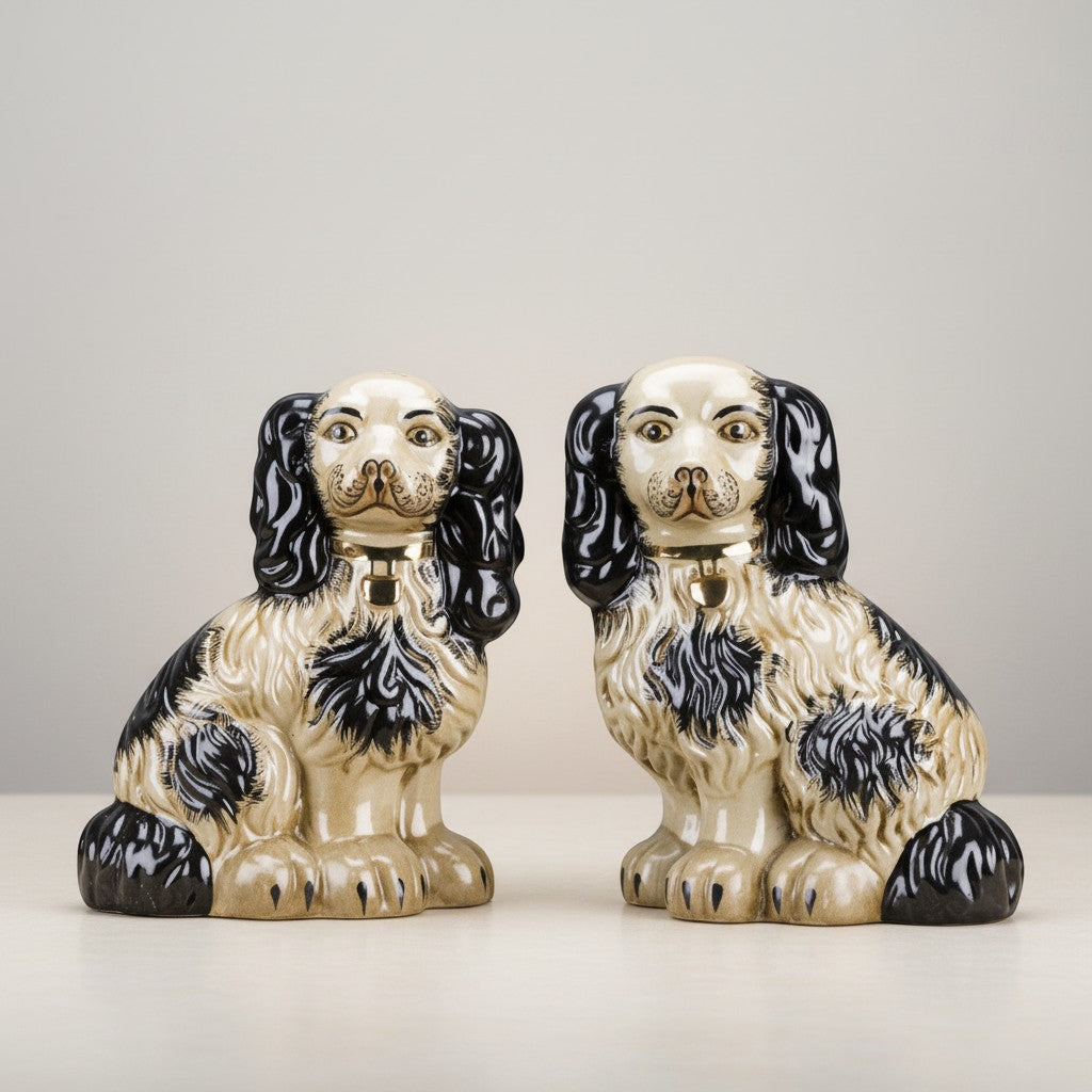 The Merry Hare DFP Large 12" Staffordshire Chinoiserie dog pair in black with gold locket detailing. Ceramic figurines.