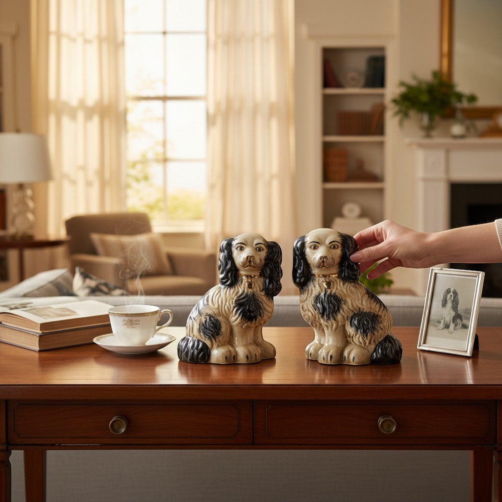The Merry Hare pair of black and cream Staffordshire dog figurines with gold lockets, 12" tall.