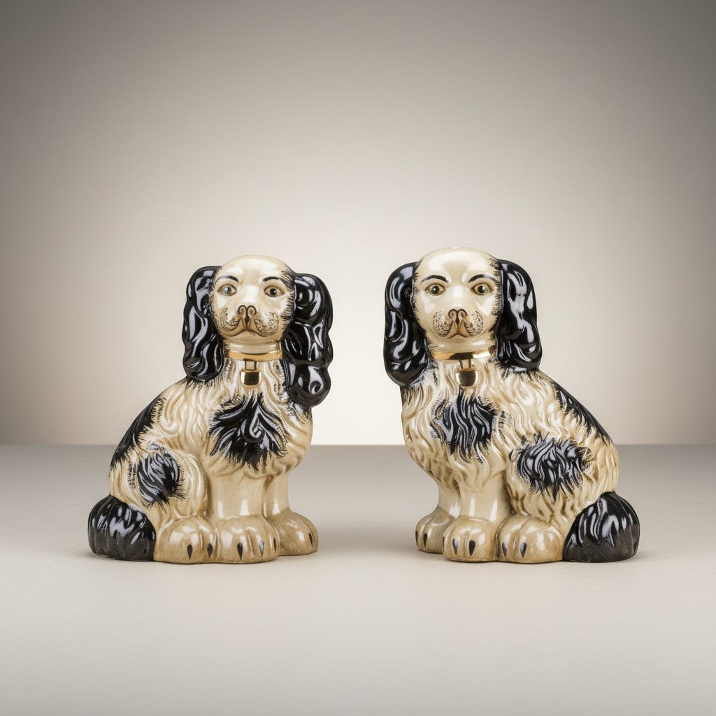 The Merry Hare pair of black and cream Staffordshire dog figurines with gold locket detailing. Classic Chinoiserie style.