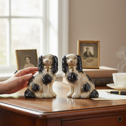 The Merry Hare pair of small black and gold Staffordshire dog figurines in Chinoiserie style.
