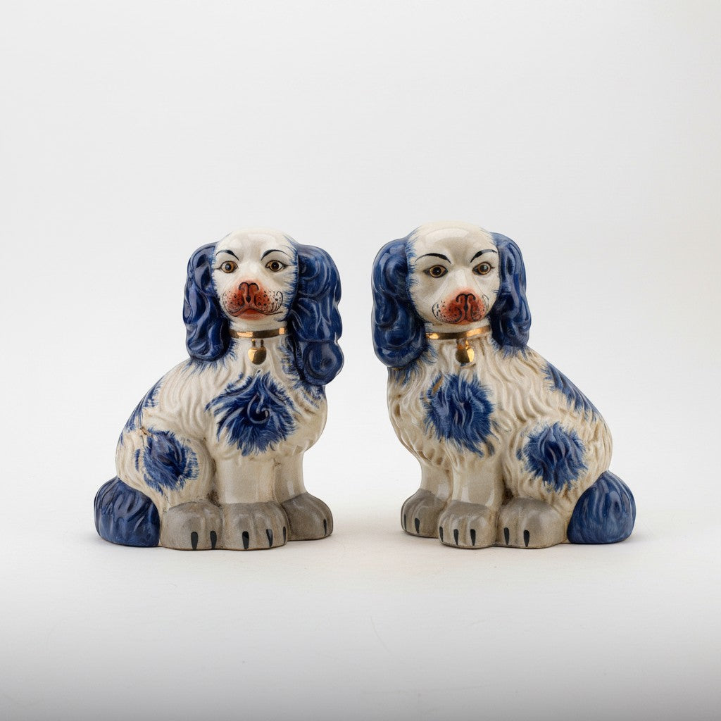 The Merry Hare pair of blue and white Staffordshire dog figurines with gold lockets, 12" tall.