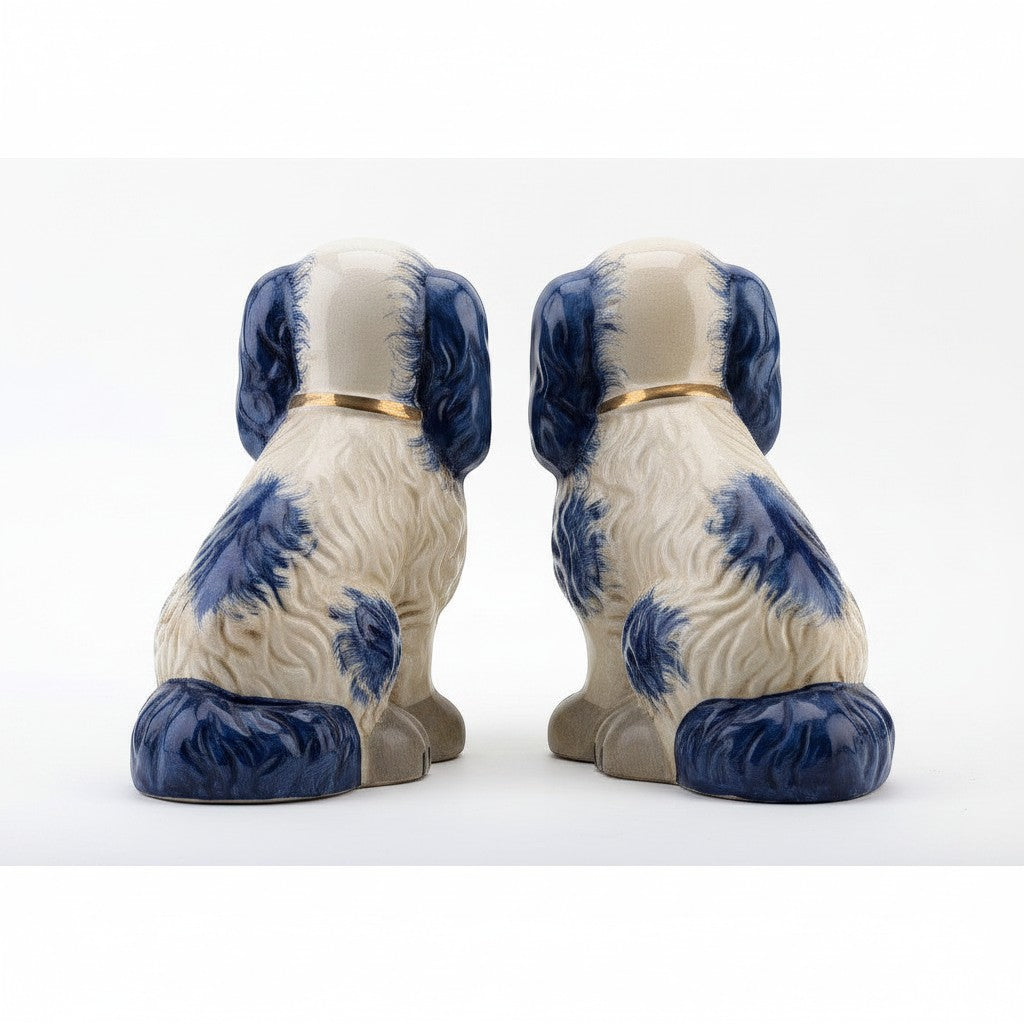 The Merry Hare pair of large Staffordshire Chinoiserie dog figurines in cream with blue markings and gold lockets.