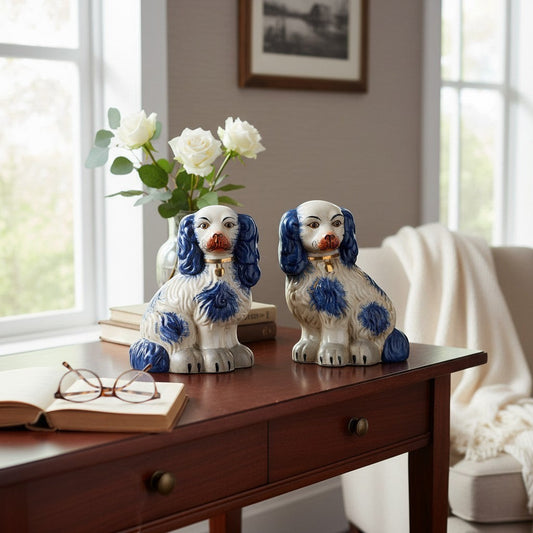 The Merry Hare pair of large Staffordshire Chinoiserie dog figurines in blue and white with gold locket detailing.