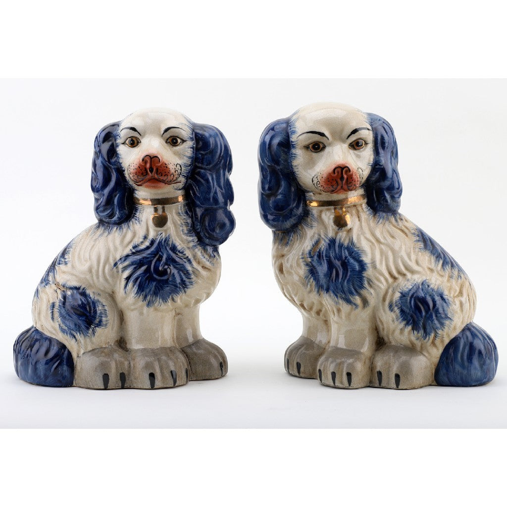 The Merry Hare pair of 12" Staffordshire Chinoiserie dog figurines in blue and white with gold lockets.