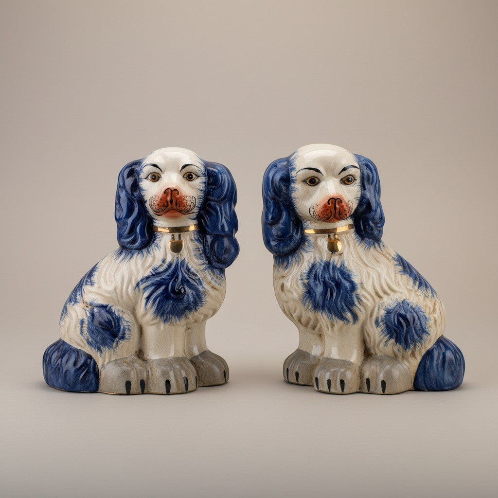 The Merry Hare pair of 12" Staffordshire Chinoiserie dog figurines in blue and white with gold lockets.