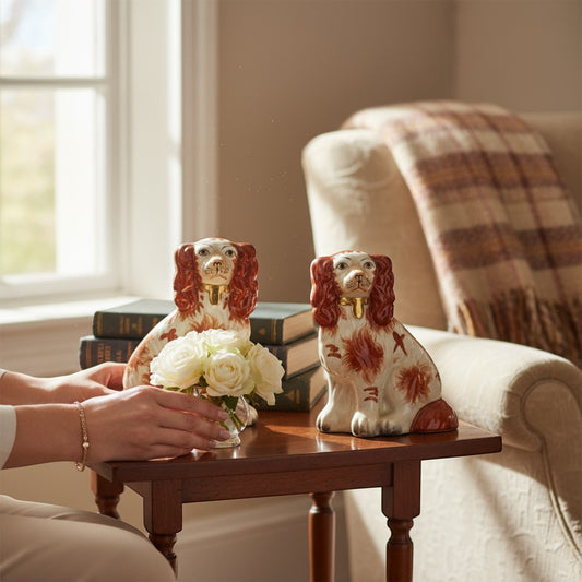 The Merry Hare pair of small orange and gold detail Staffordshire Chinoiserie dog figurines.