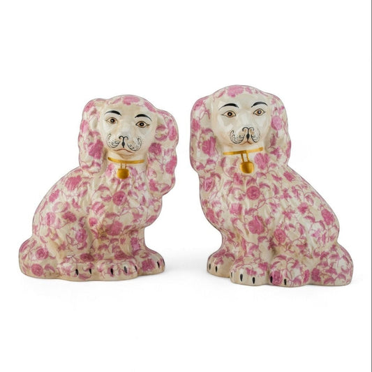 The Merry Hare pair of large Staffordshire Chinoiserie dog figurines in pink floral pattern with gold lockets.