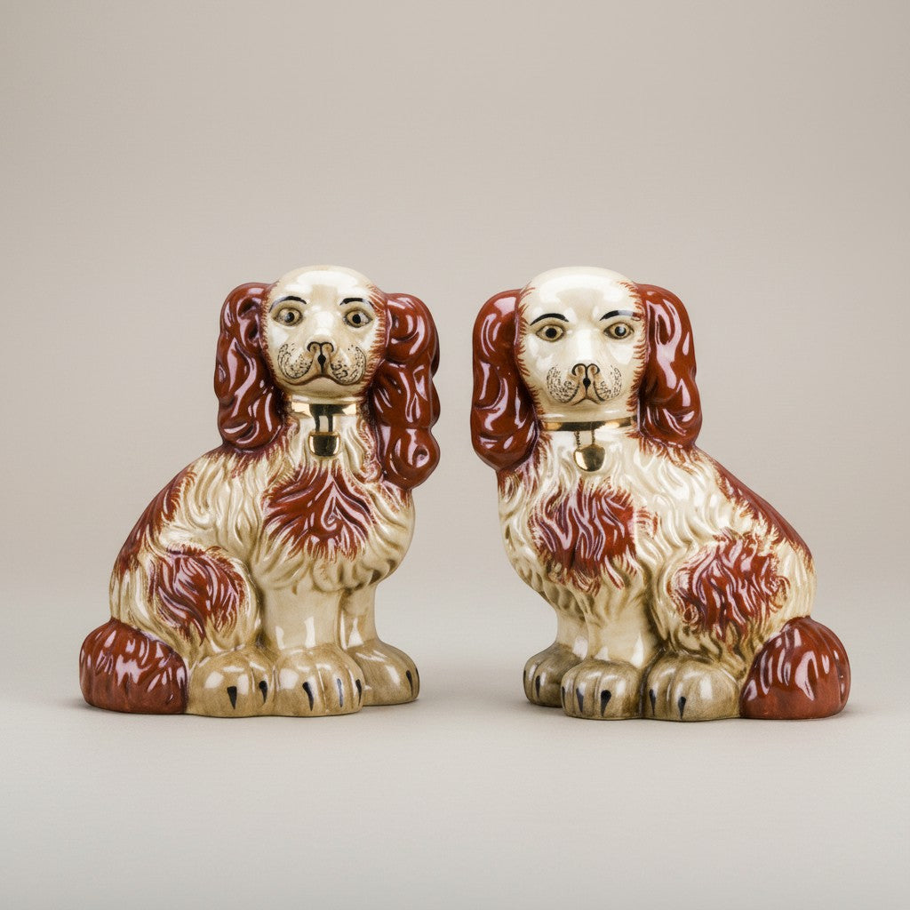 The Merry Hare pair of rust orange Staffordshire dog figurines with gold locket detailing, 12" high.